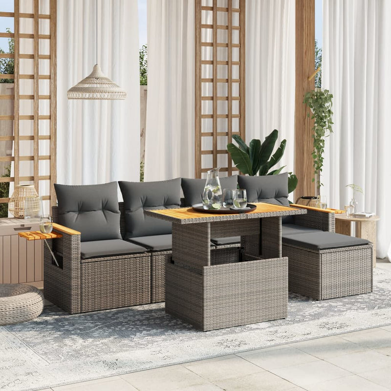 vidaXL 6 Piece Garden Sofa Set with Cushions Grey Poly Rattan