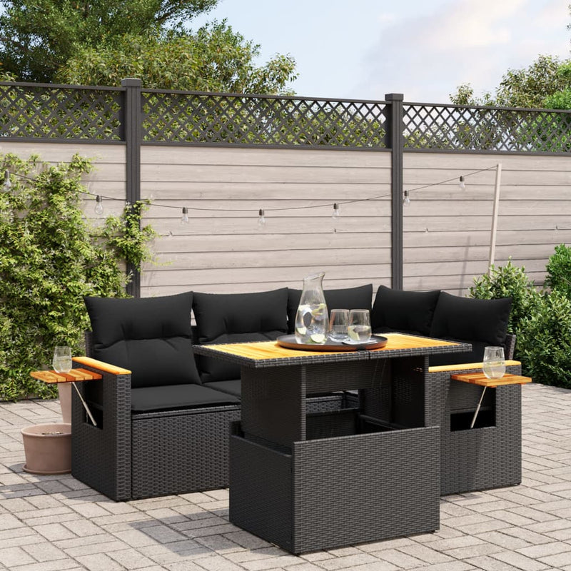 vidaXL 5 Piece Garden Sofa Set with Cushions Black Poly Rattan