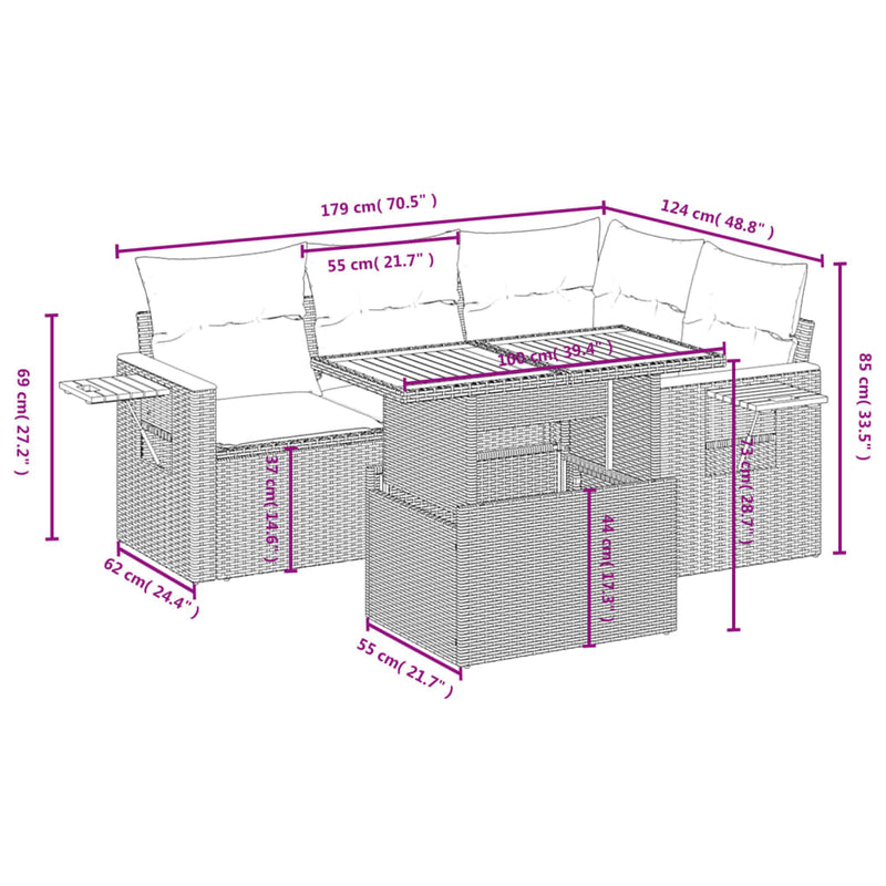 vidaXL 5 Piece Garden Sofa Set with Cushions Grey Poly Rattan