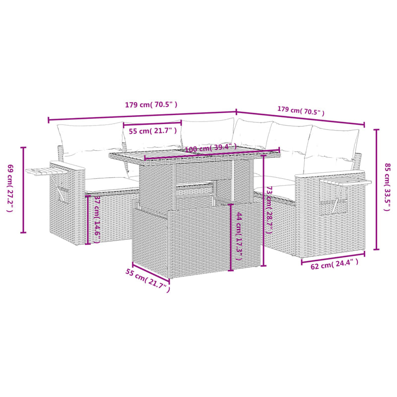 vidaXL 6 Piece Garden Sofa Set with Cushions Grey Poly Rattan