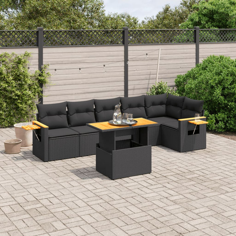 vidaXL 7 Piece Garden Sofa Set with Cushions Black Poly Rattan