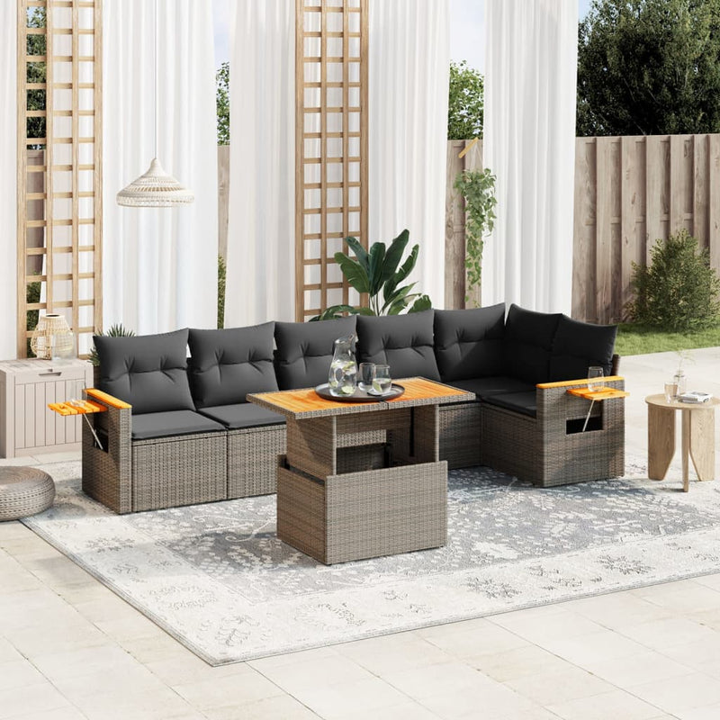 7 Piece Garden Sofa Set with Cushions Grey Poly Rattan