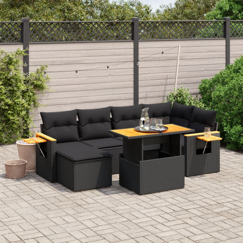 vidaXL 7 Piece Garden Sofa Set with Cushions Black Poly Rattan