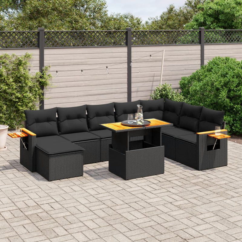 vidaXL 9 Piece Garden Sofa Set with Cushions Black Poly Rattan
