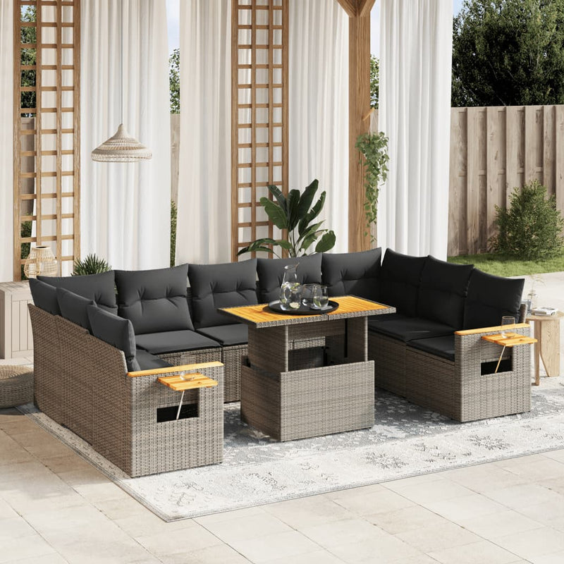 10 Piece Garden Sofa Set with Cushions Grey Poly Rattan