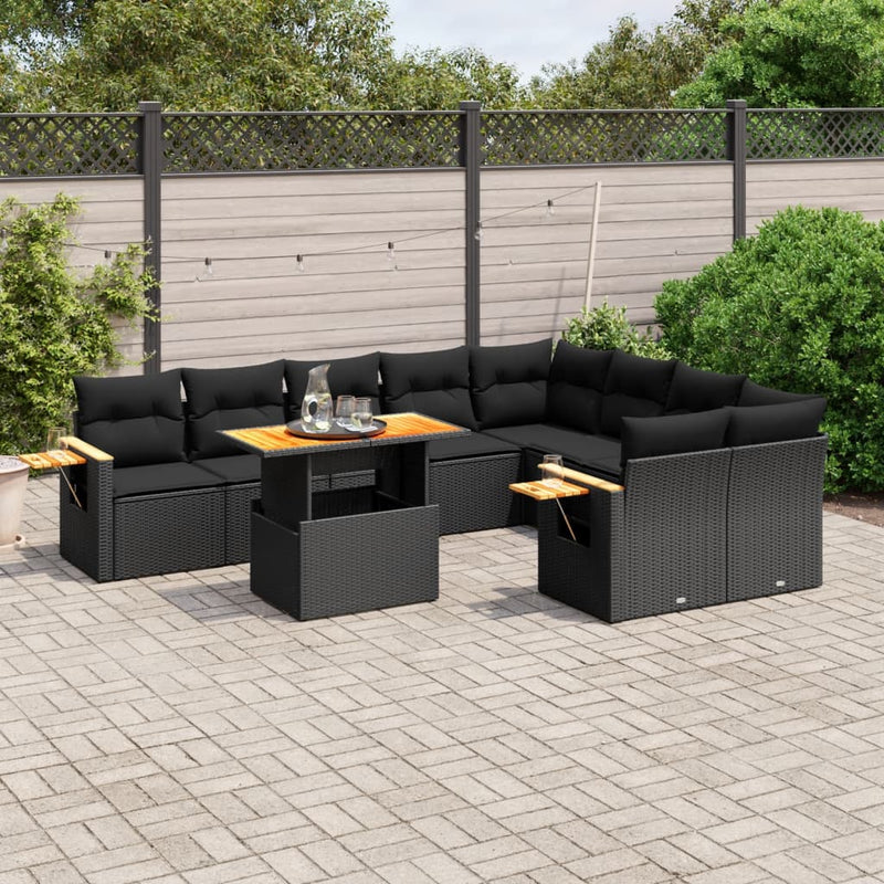 vidaXL 10 Piece Garden Sofa Set with Cushions Black Poly Rattan