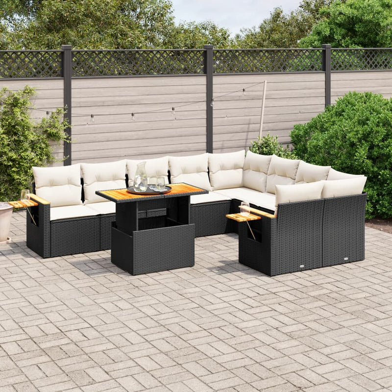 vidaXL 10 Piece Garden Sofa Set with Cushions Black Poly Rattan