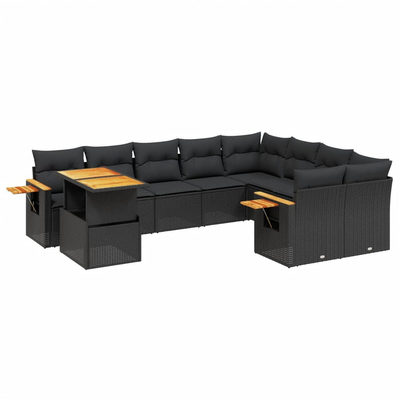 vidaXL 10 Piece Garden Sofa Set with Cushions Black Poly Rattan