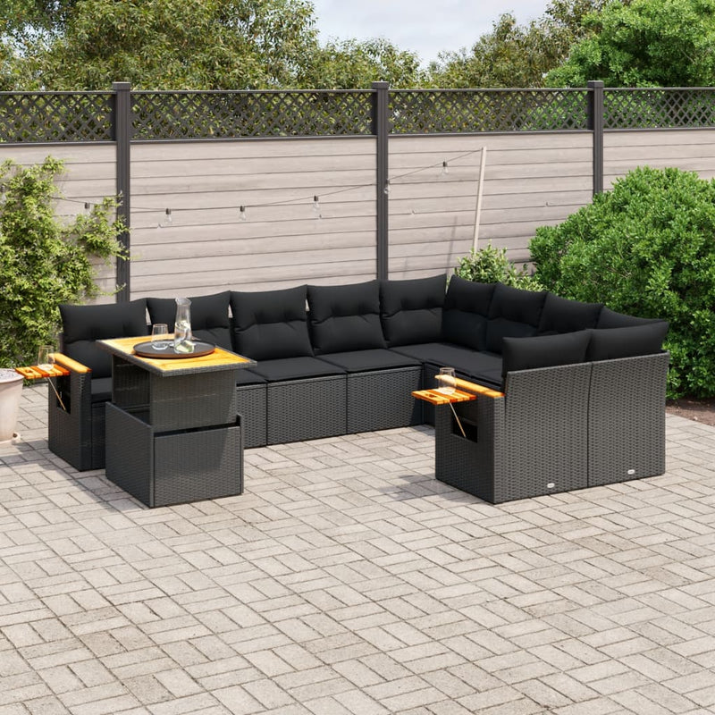 vidaXL 10 Piece Garden Sofa Set with Cushions Black Poly Rattan