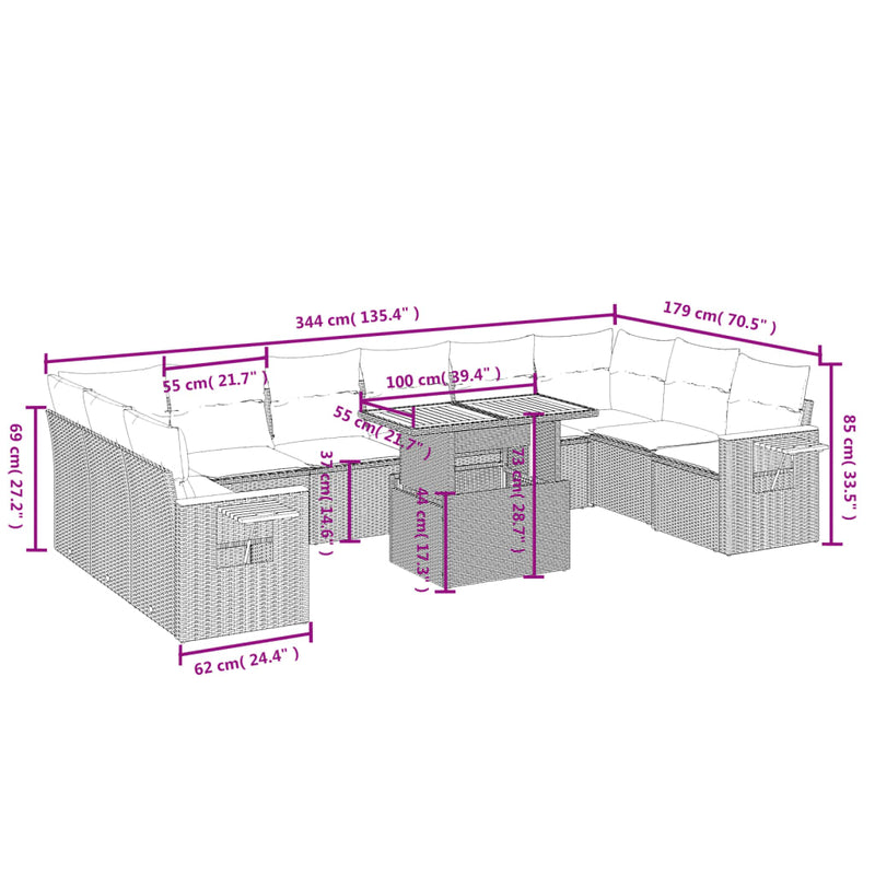 11 Piece Garden Sofa Set with Cushions Grey Poly Rattan