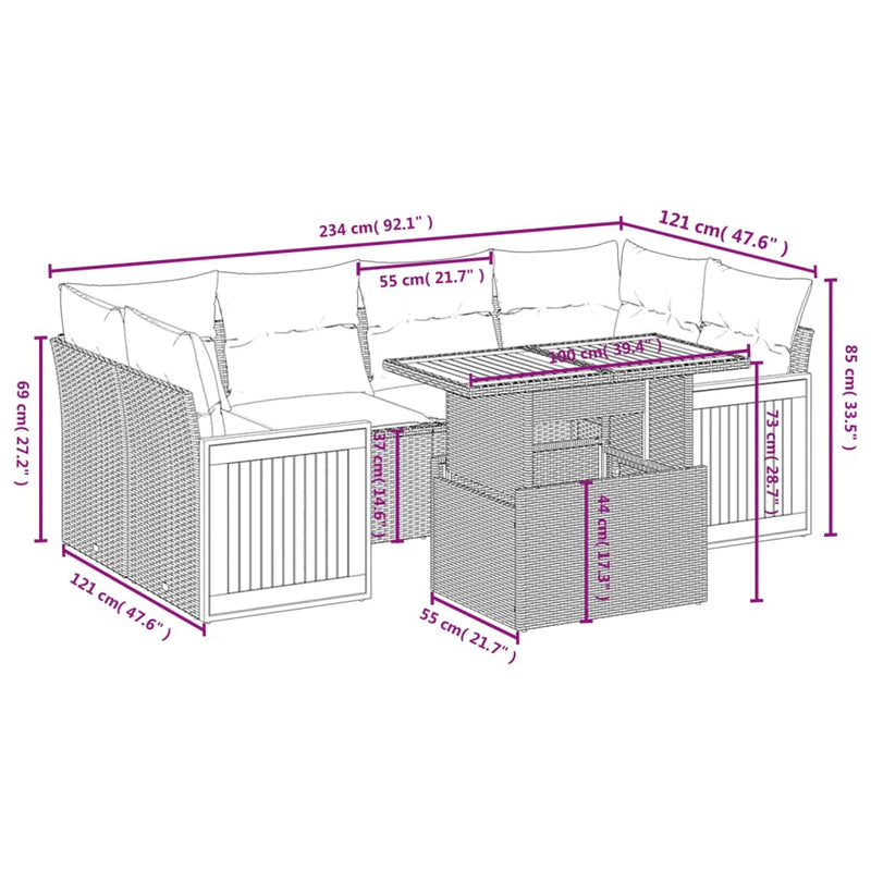 vidaXL 7 Piece Garden Sofa Set with Cushions Grey Poly Rattan