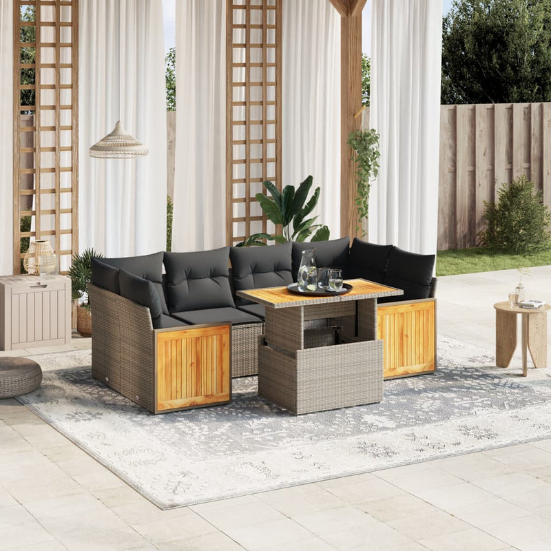 7 Piece Garden Sofa Set with Cushions Grey Poly Rattan