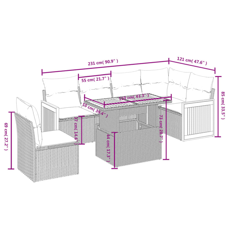 vidaXL 7 Piece Garden Sofa Set with Cushions Grey Poly Rattan