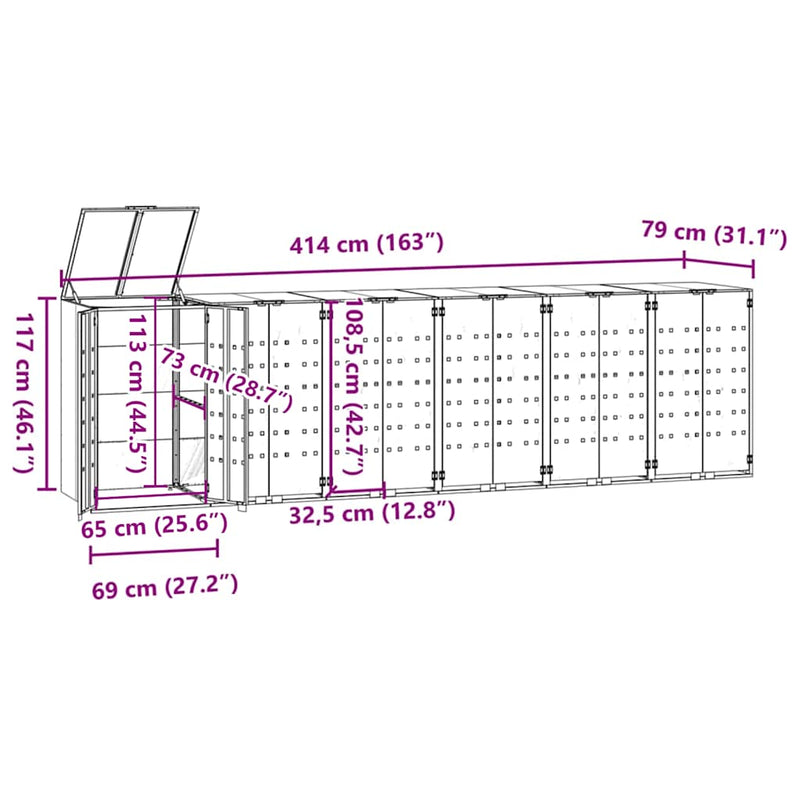 Wheelie Bin Storage for 6 Bins Grey 414x79x117 cm Steel