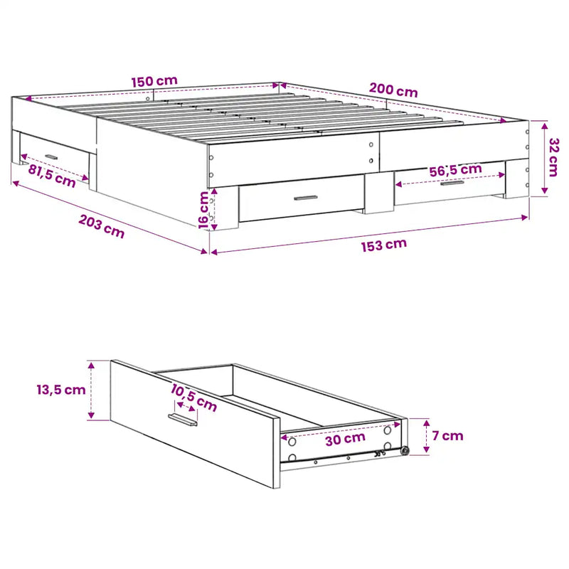 Bed Frame with Drawers without Mattress White 150x200 cm
