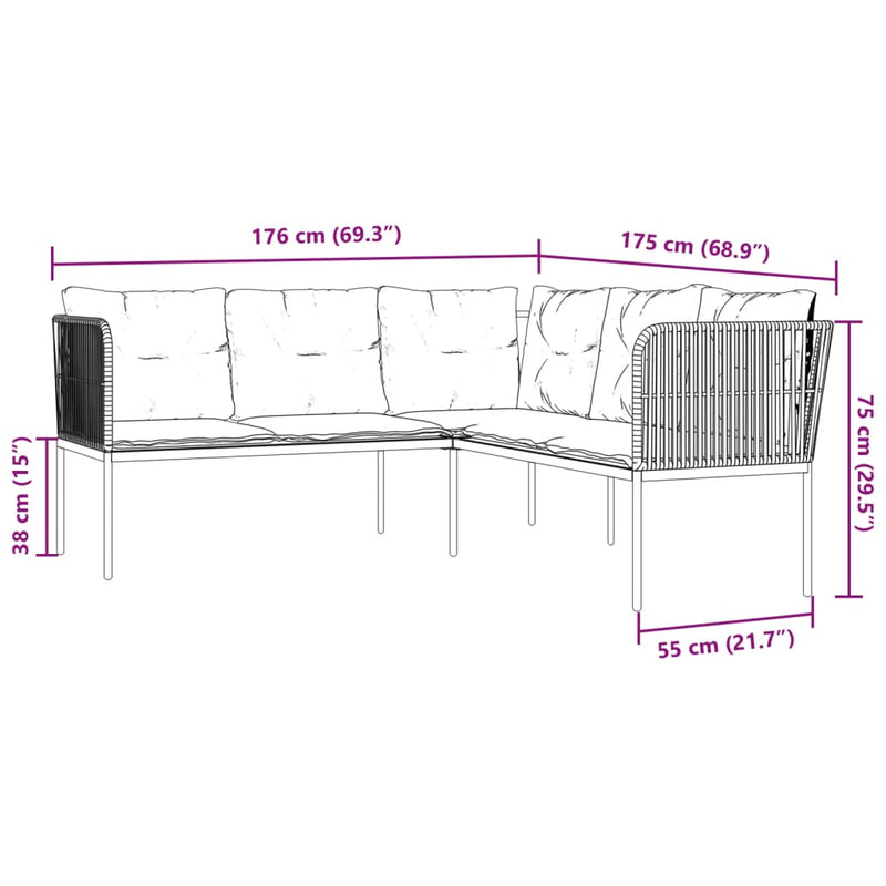 vidaXL Garden Sofa with Cushions L-shaped Black Steel and Textilene
