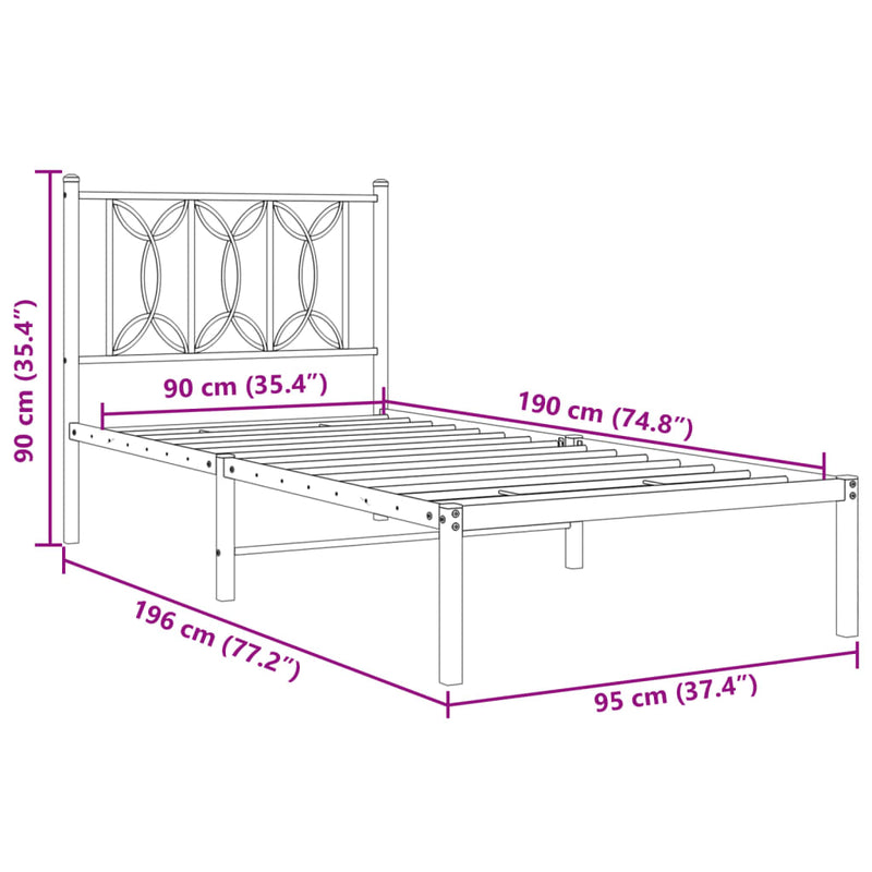 Metal Bed Frame with Headboard Black 90x190 cm