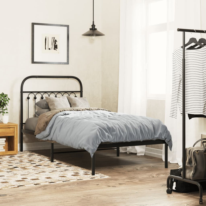 Metal Bed Frame with Headboard Black 90x190 cm