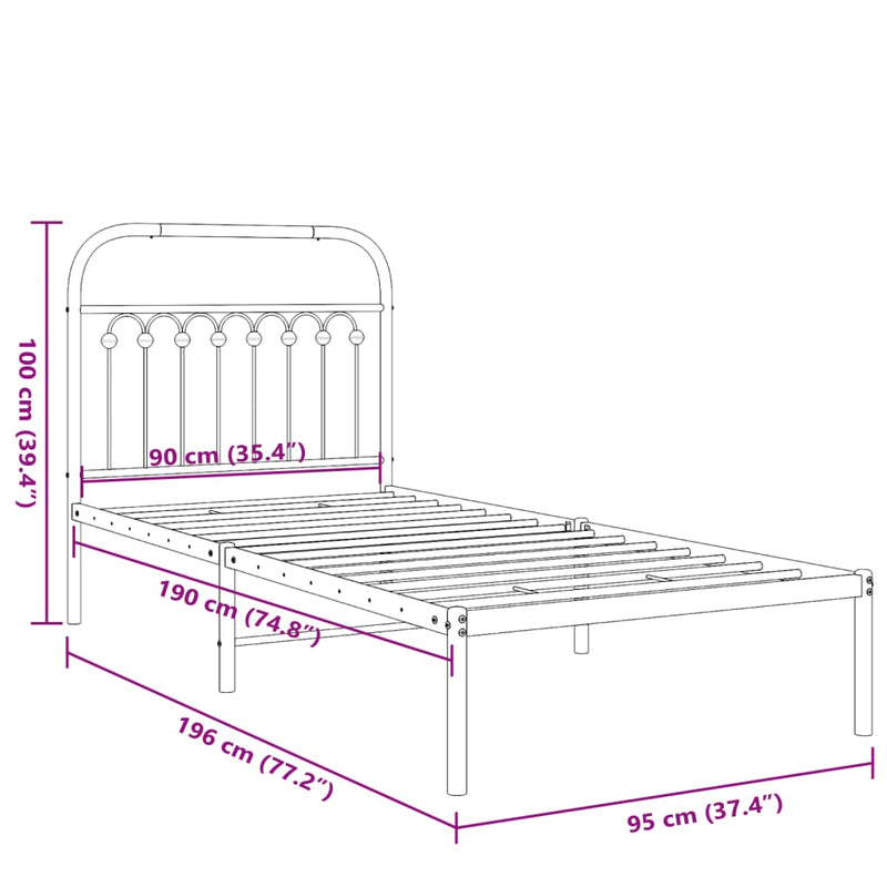 Metal Bed Frame with Headboard Black 90x190 cm