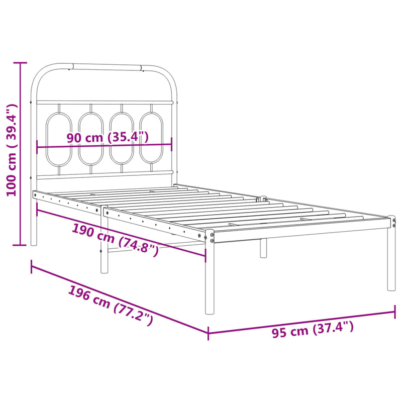 Metal Bed Frame with Headboard Black 90x190 cm