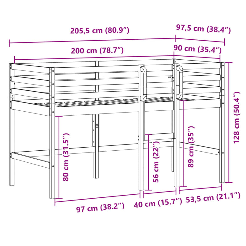 vidaXL Kids' Loft Bed without Mattress 92x187 cm Single Solid Wood Pine
