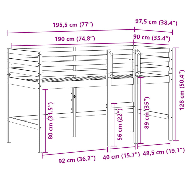 vidaXL Kids' Loft Bed without Mattress 90x190 cm Solid Wood Pine