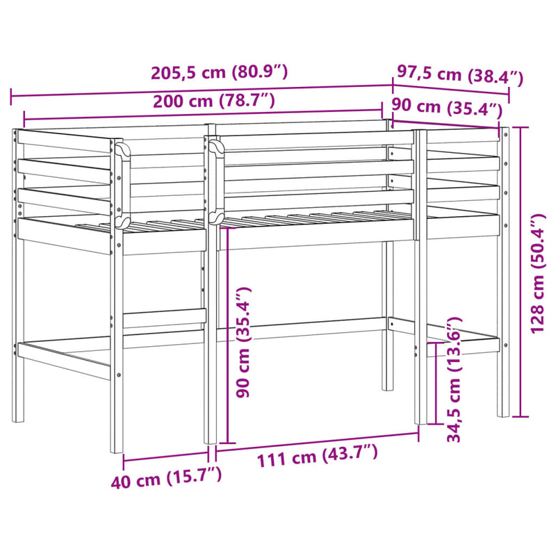 vidaXL Kids' Loft Bed without Mattress 92x187 cm Single Solid Wood Pine