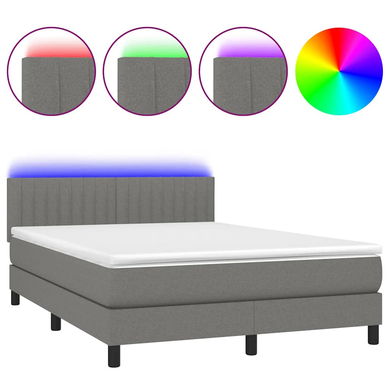 vidaXL Box Spring Bed with Mattress&LED Dark Grey 153x203 cm Queen Size Fabric
