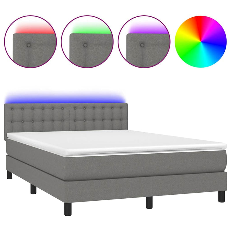 vidaXL Box Spring Bed with Mattress&LED Dark Grey 153x203 cm Queen Size Fabric