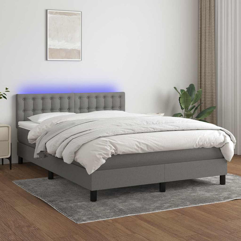 vidaXL Box Spring Bed with Mattress&LED Dark Grey 153x203 cm Queen Size Fabric