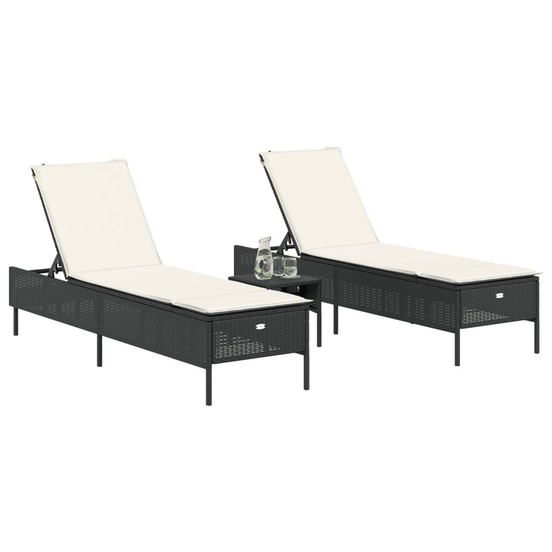 vidaXL 3 Piece Sun Lounger Set with Cushion Black Poly Rattan