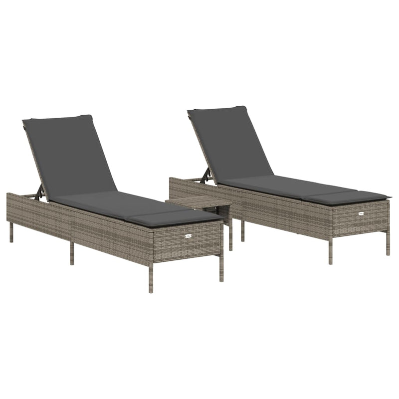 vidaXL 3 Piece Sun Lounger Set with Cushion Grey Poly Rattan