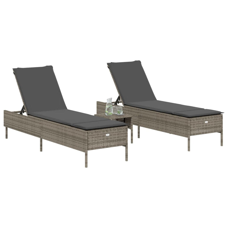 vidaXL 3 Piece Sun Lounger Set with Cushion Grey Poly Rattan