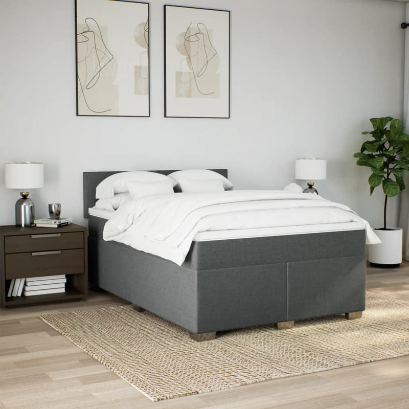 vidaXL Box Spring Bed with Mattress Dark Grey Queen Fabric