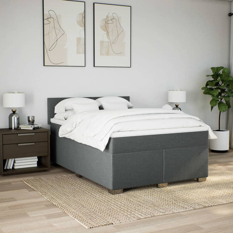 vidaXL Box Spring Bed with Mattress Dark Grey Queen Fabric