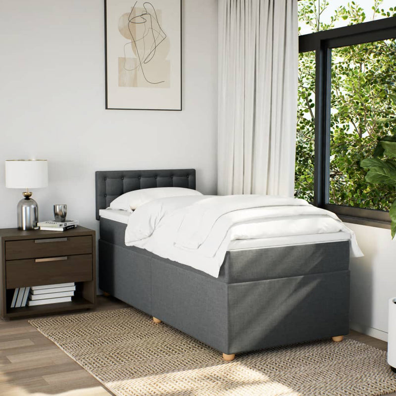vidaXL Box Spring Bed with Mattress Dark Grey King Single Fabric