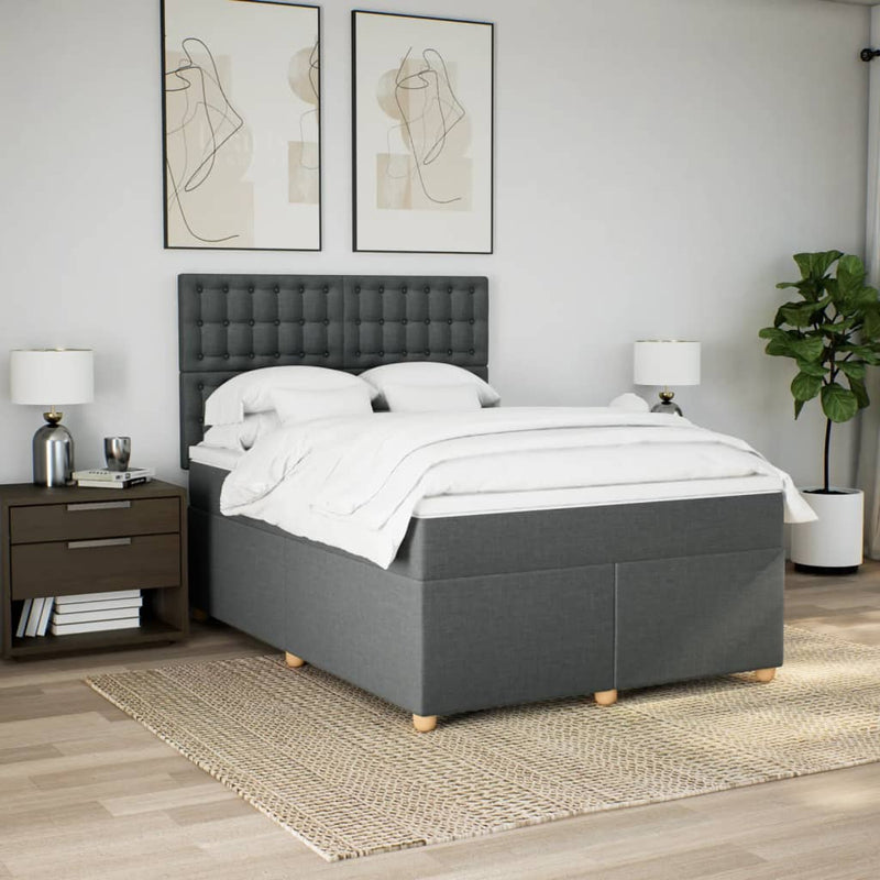 vidaXL Box Spring Bed with Mattress Dark Grey Queen Fabric