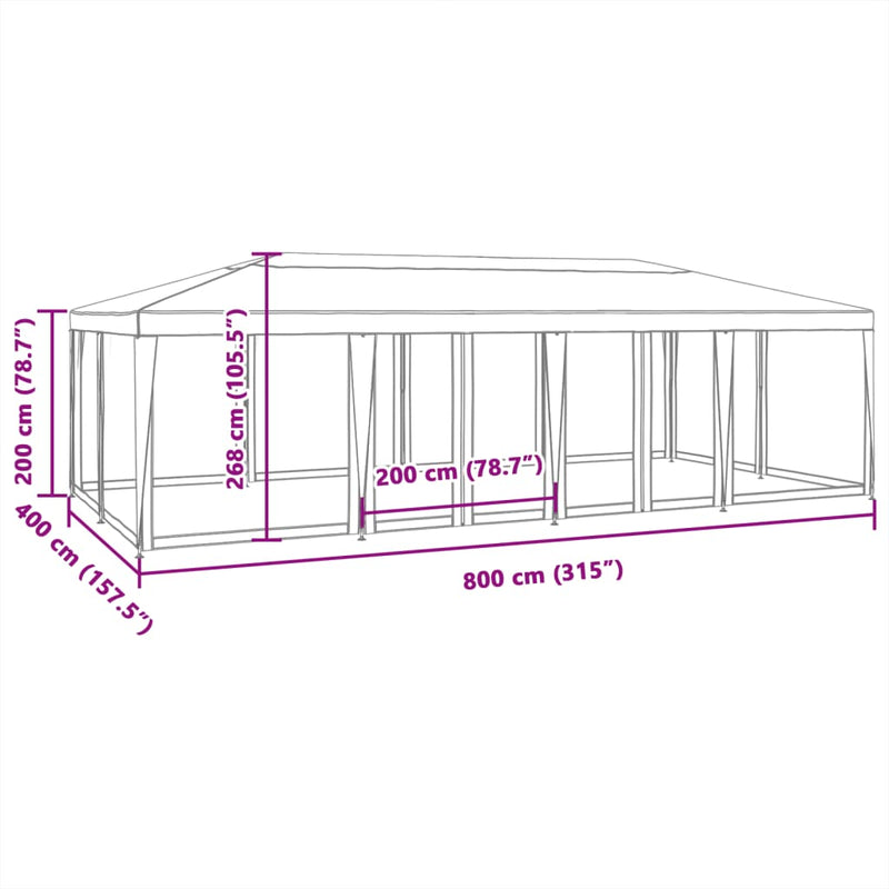 vidaXL Party Tent with 12 Mesh Sidewalls White 8x4 m HDPE