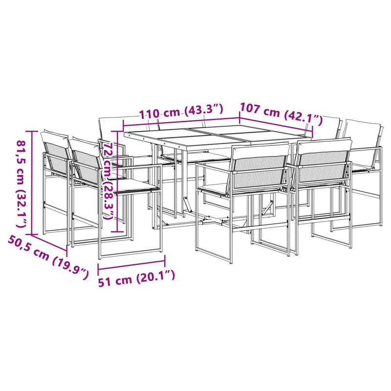 9 Piece Garden Dining Set with Cushions Black Textilene