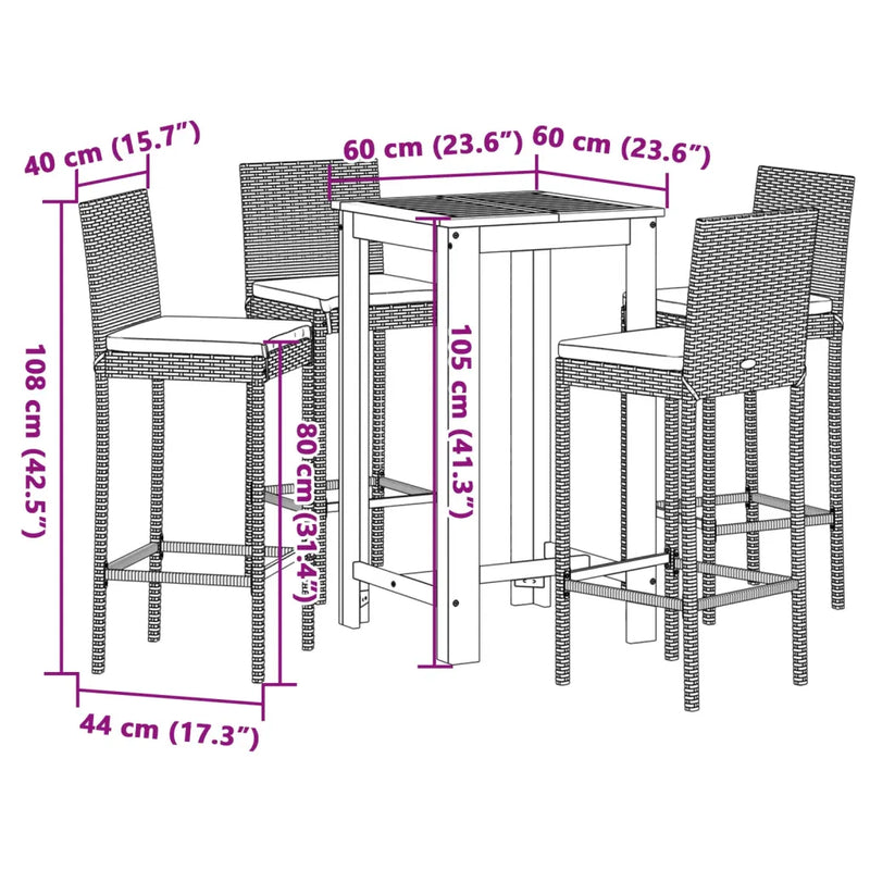 5 Piece Garden Bar Set Grey Solid Wood Acacia and Poly Rattan