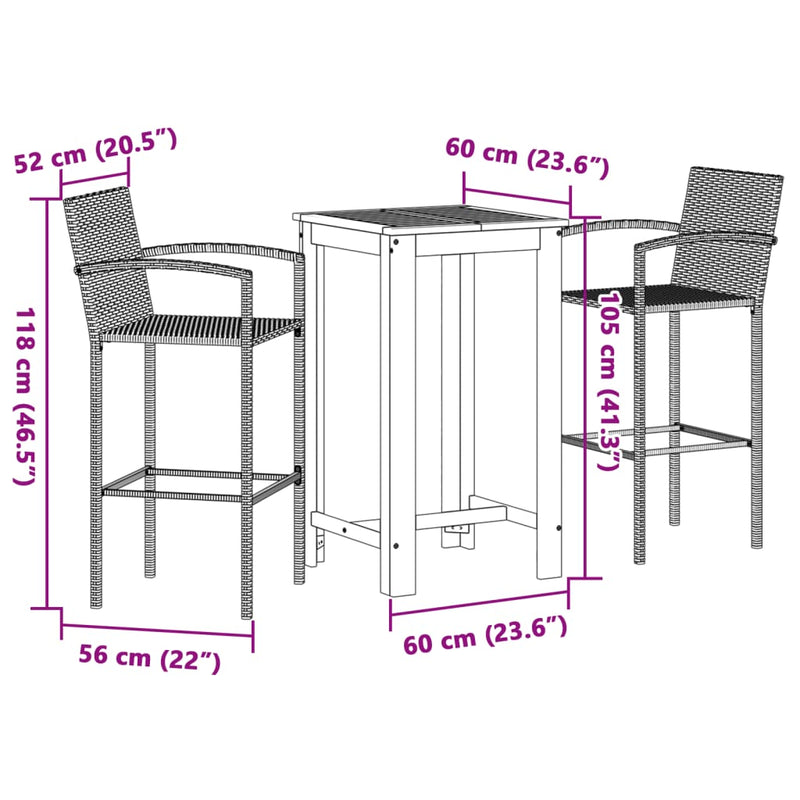 vidaXL 3 Piece Garden Bar Set Brown Solid Wood Acacia and Poly Rattan