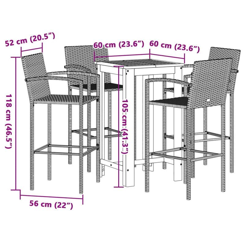 vidaXL 5 Piece Garden Bar Set Grey Solid Wood Acacia and Poly Rattan