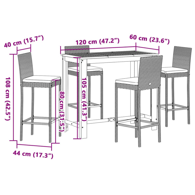 5 Piece Garden Bar Set Grey Solid Wood Acacia and Poly Rattan
