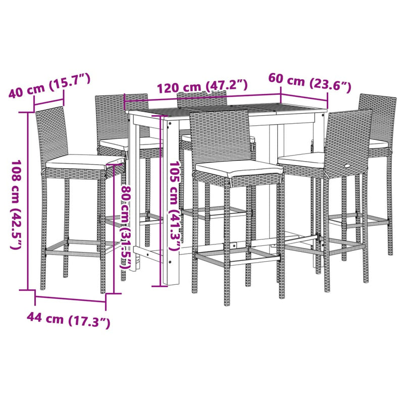 vidaXL 7 Piece Garden Bar Set Black Solid Wood Acacia and Poly Rattan