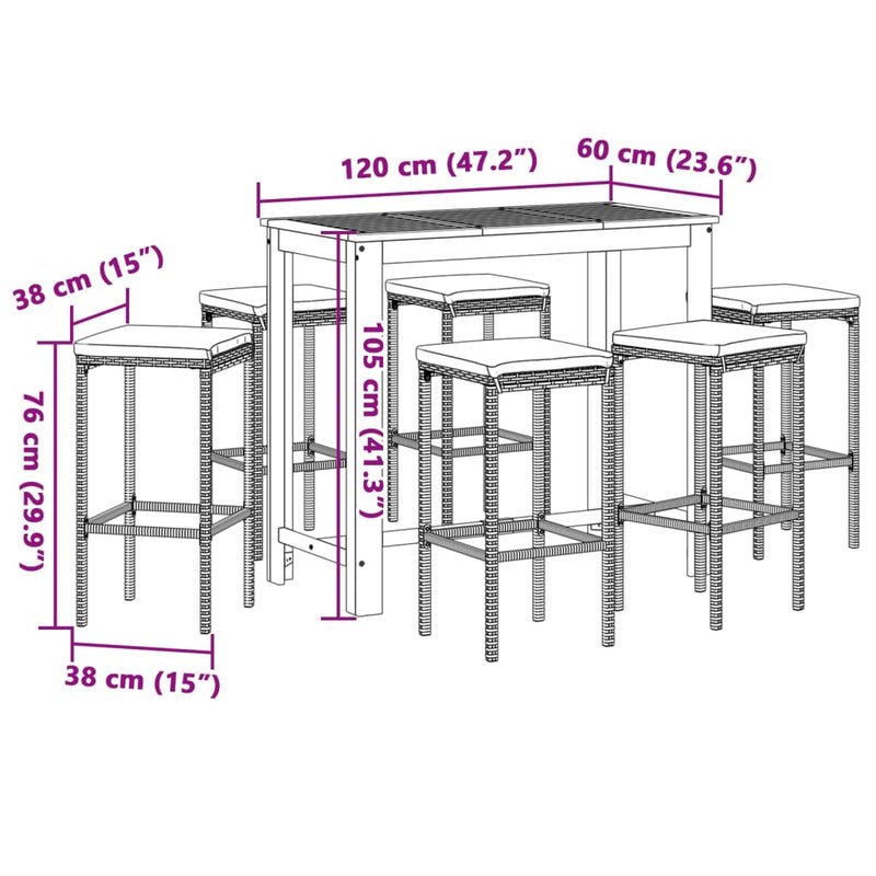 vidaXL 7 Piece Garden Bar Set Grey Solid Wood Acacia and Poly Rattan