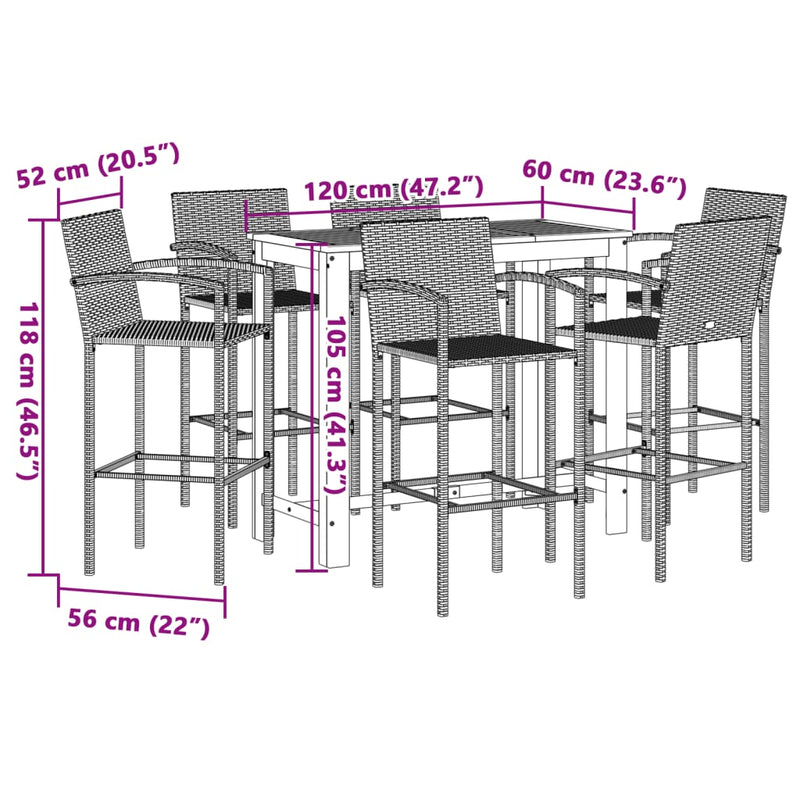 vidaXL 7 Piece Garden Bar Set Grey Solid Wood Acacia and Poly Rattan
