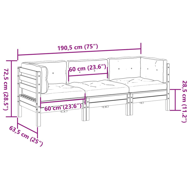 vidaXL 3 Piece Garden Sofa Set with Cushions Wax Brown Solid Wood Pine