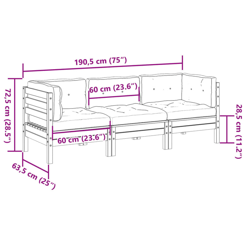 vidaXL 3 Piece Garden Sofa Set with Cushions Impregnated Wood Pine