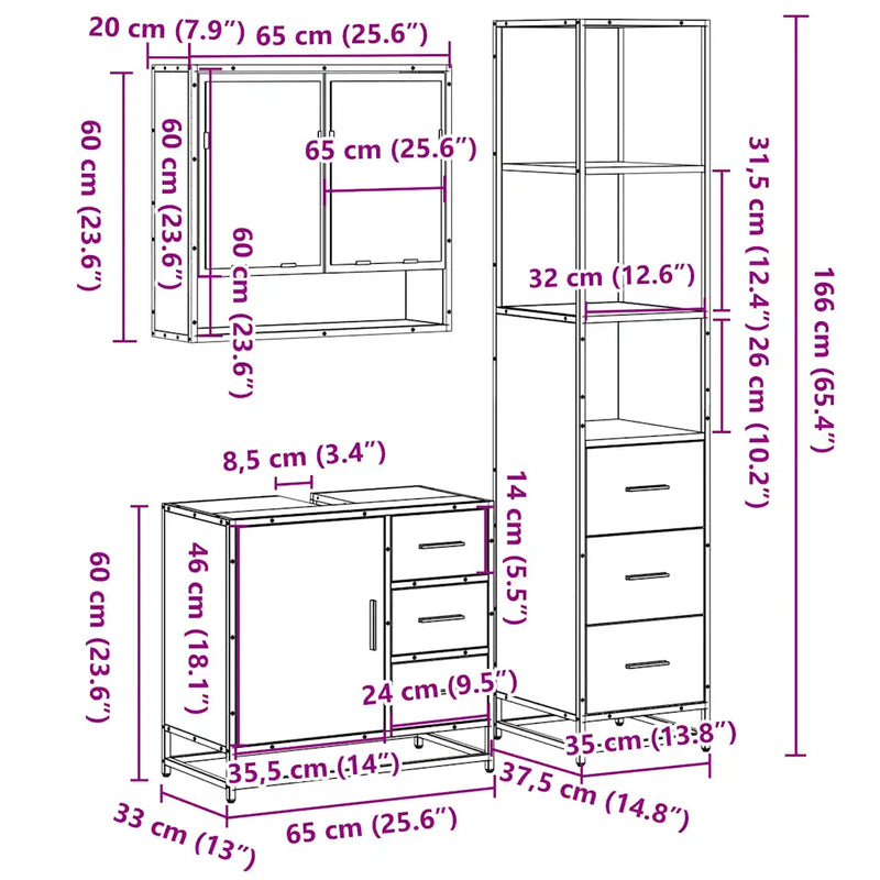 3 Piece Bathroom Furniture Set Sonoma Oak Engineered Wood