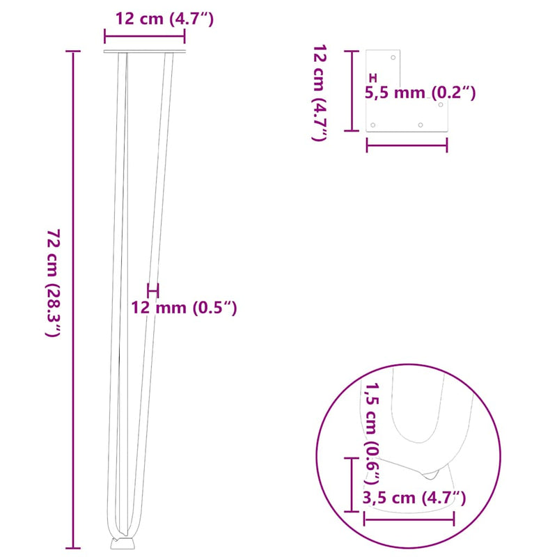 vidaXL hairpin legs for console tables for Console Table 4 pcs Black 72 cm Solid Steel